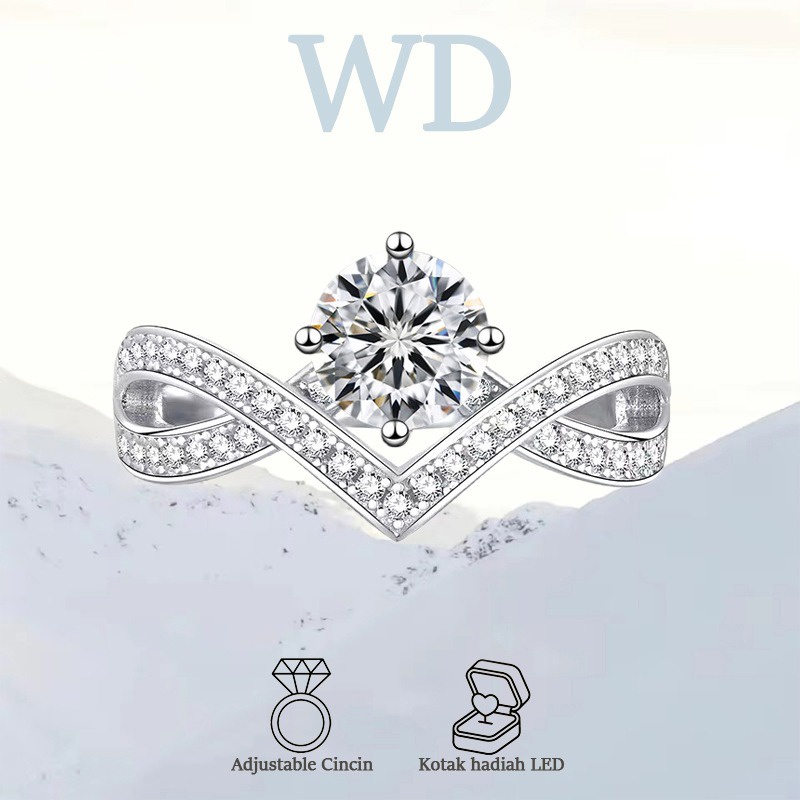 WD Jewelry - Cincin Berlian Moissanite Garis V Tinggi Ceruk Perak S925 Ring Lamaran 1 Karat untuk Wanita