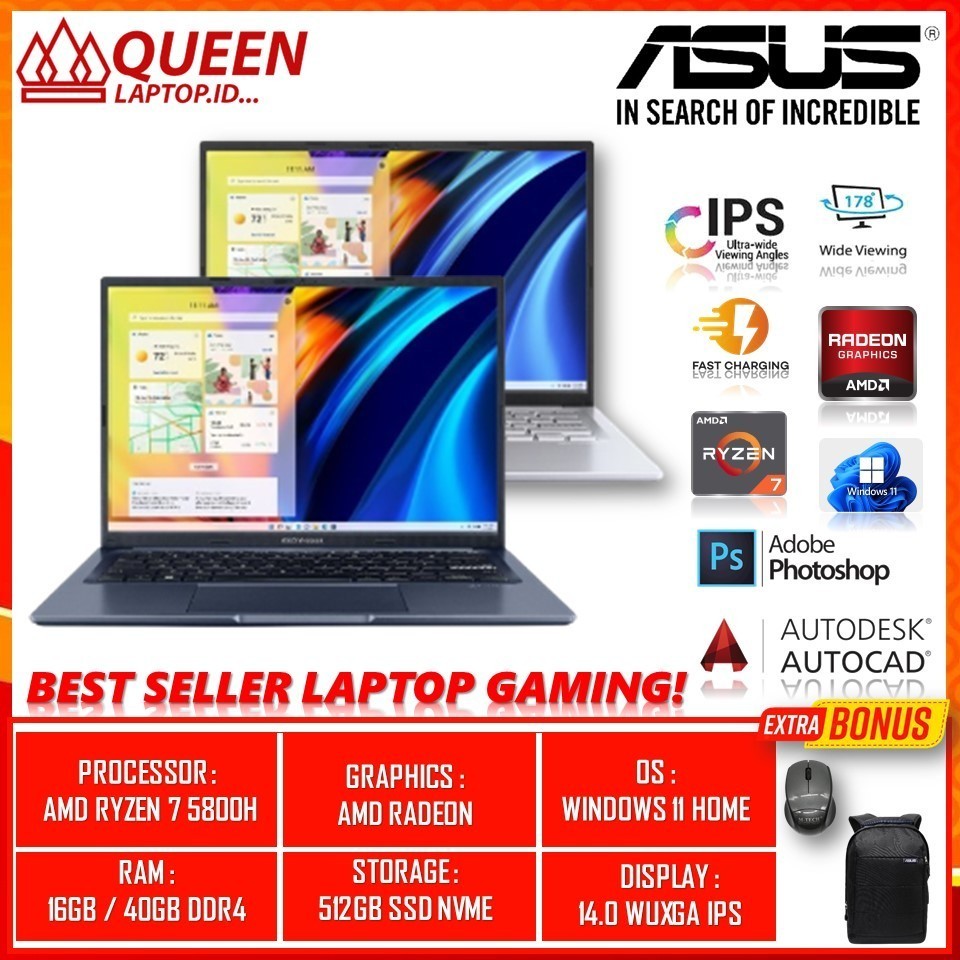 LAPTOP GAMING BARU TERLARIS ASUS VIVOBOOK 14X M1403QA VIPS751 AMD RYZEN 7 5800H 40GB 512GB RADEON 8 