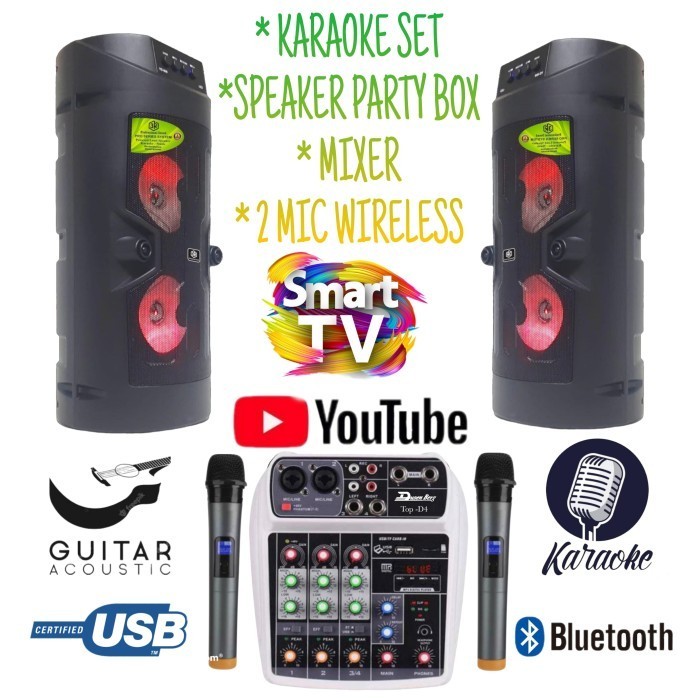 Karaoke Set Party Box Mini 3R Dobel Mixer Bluetooth 2 Mic Wireless