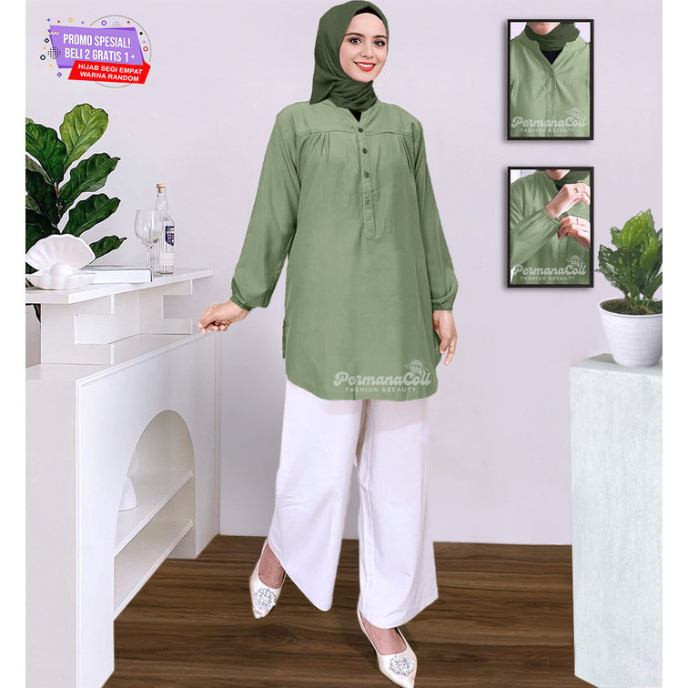 Terlaris ✨ -Kemeja Jumbo Fashion Muslim Lengan Panjang Baju Atasan Blouse Wanita - Sage Green, M