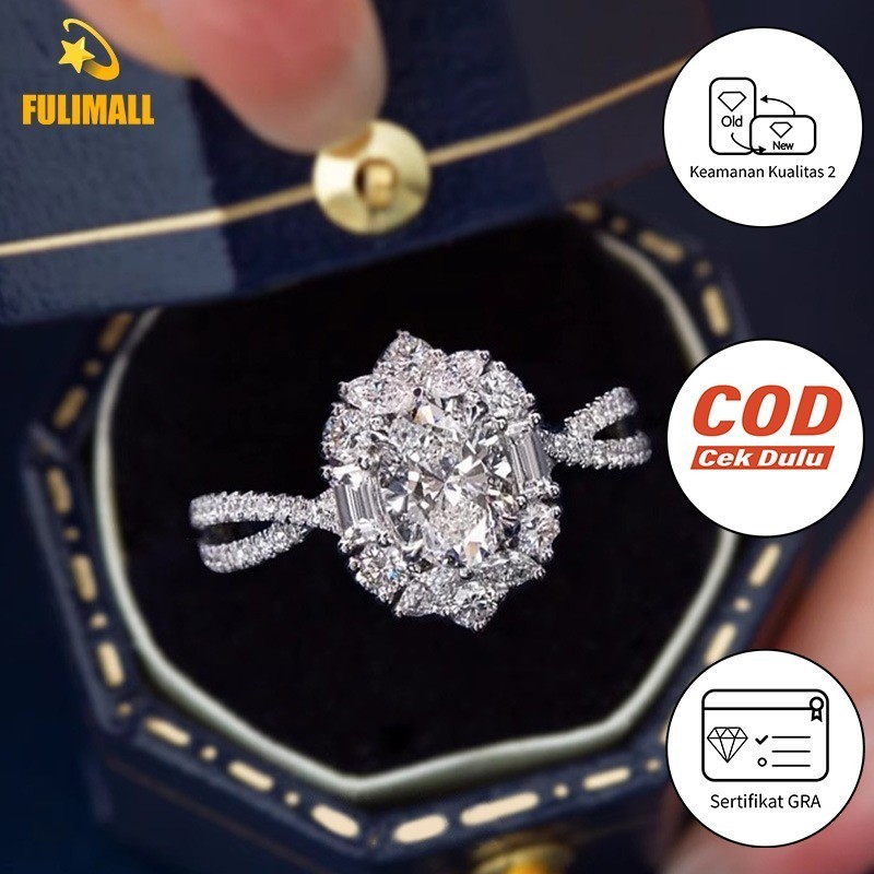 FULIMALL Moissanite Cincin Oval Wanita Desain Mewah 2 Karat Emas Putih Stok