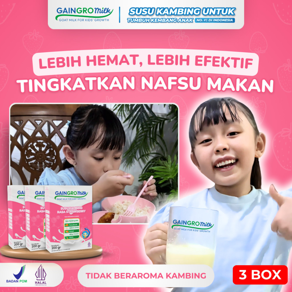

PAKET 3 BOX GAINGRO MILK STRAWBERRY Susu Kambing Penambah Nafsu Makan Anak joyskincare.bekasi