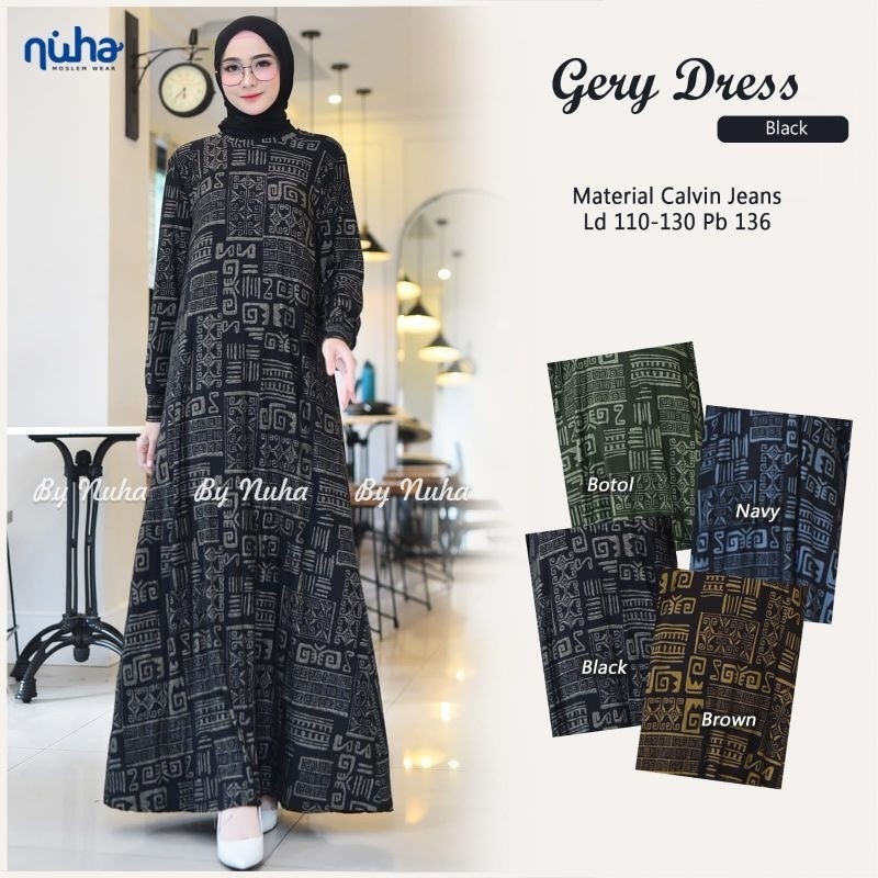 GERY DRESS BY NUHA LD 110-130CM GAMIS HARIAN WANITA JUMBO MAXY BAHAN CALVIN JEANS MOTIF BATIK PRINTI