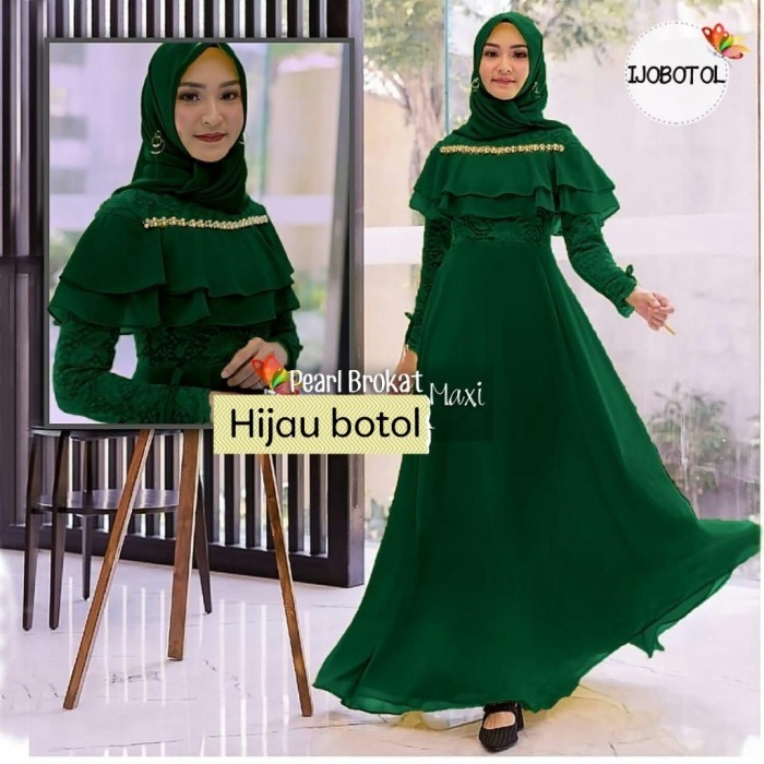 gamis pearl brokat Maxi hijau botol XL dress baju pesta murah rum at