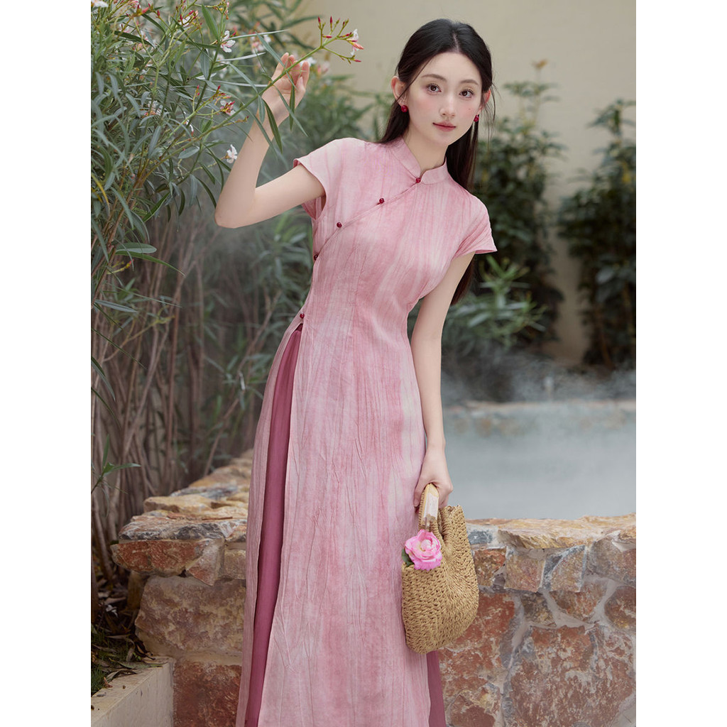New Chinese style exquisite pink cheongsam two-piece set