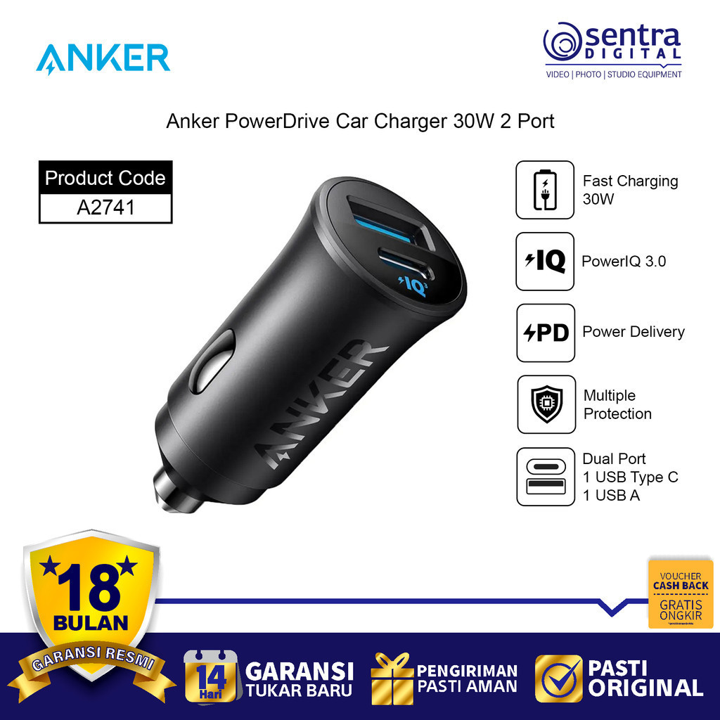 Anker Car Charger 30W Dual Port USB A Type C Mobil Fast Charging Black - A2741
