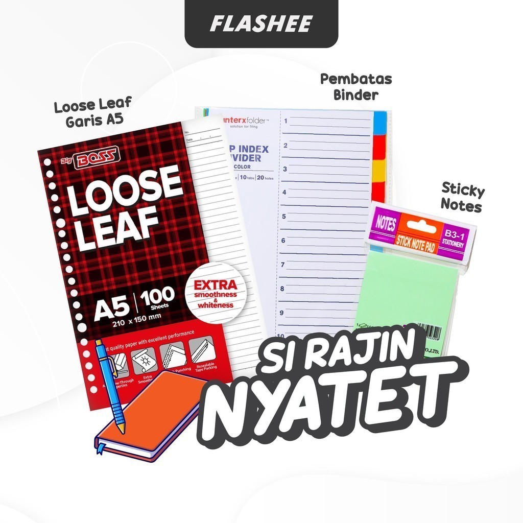 

Flashee Paket Set Sekolah 3IN1 Loose Leaf A5 Pembatas Sticky Notes Paket Si Rajin Nyatet