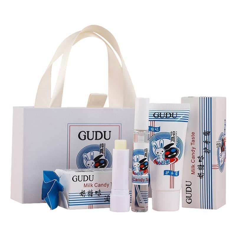 READY STOCK - GUDU White Rabbit Milk Candy Flavored Hand Cream Lip Balm Perfume set packet