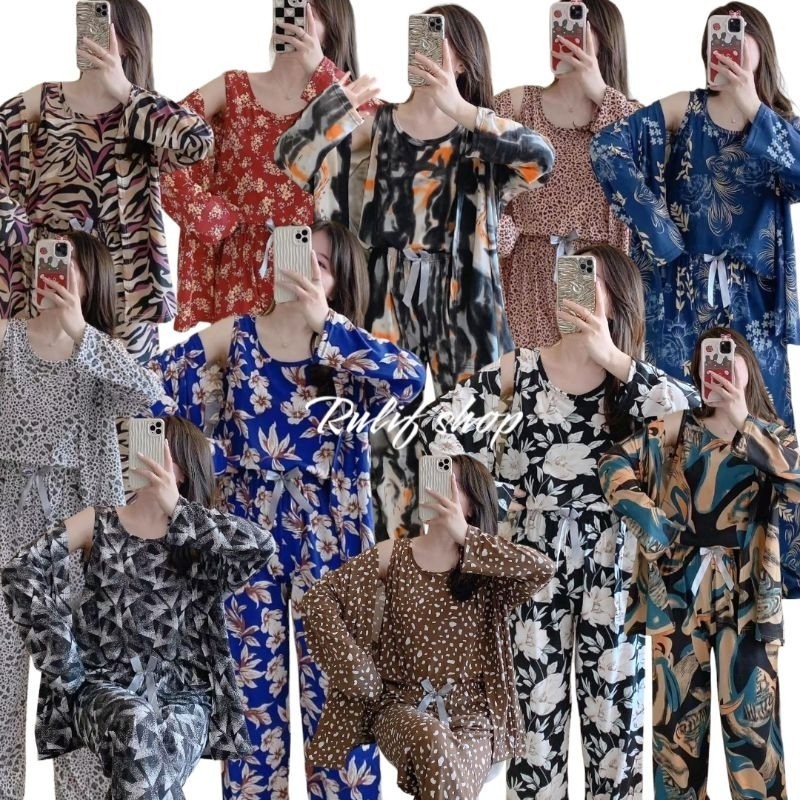 LD 120 SETELAN PIYAMA KIMONO WANITA 3IN1 PP SPANDEK IMPORT PREMIUM BUNGA FLOREST SET BAJU TIDUR KIMO