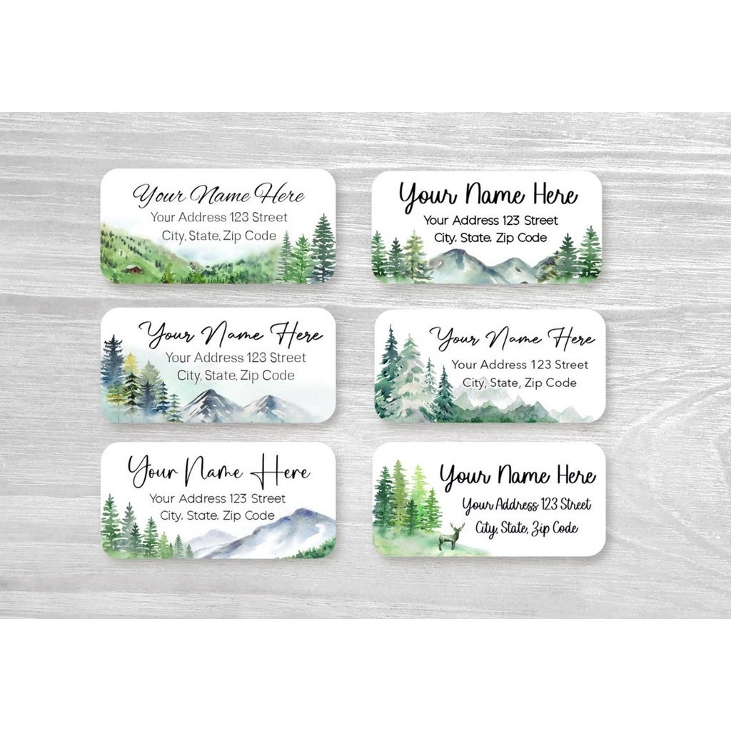 

100 Pieces, Custom Return Address Labels, Watercolor Trees Mountain Woodland Lake Deer Greenery Landscape Nature