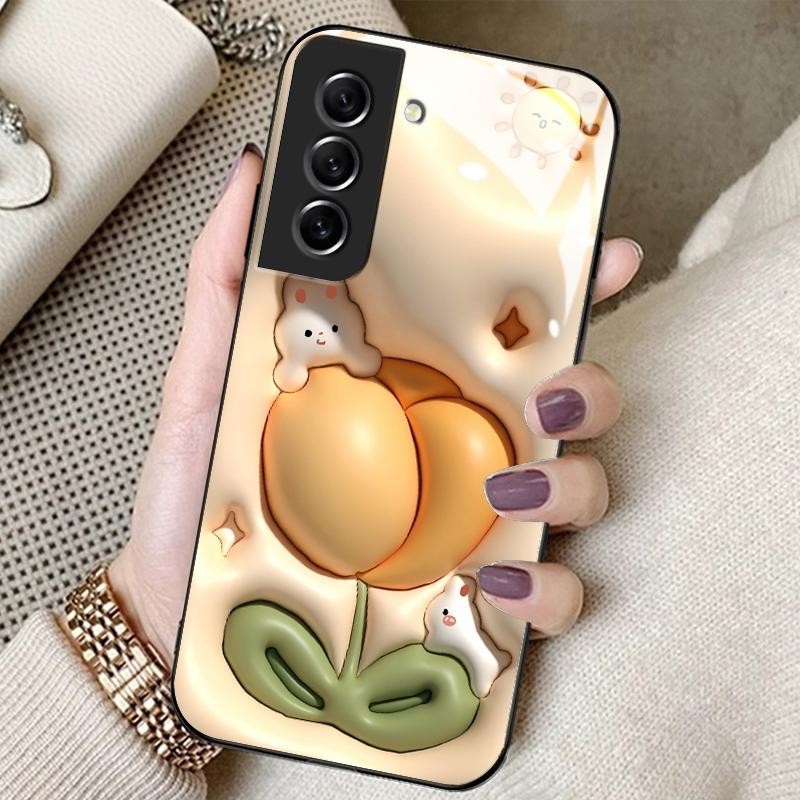 Glass Case For Samsung S21 FE 5G S21 5G S21 Plus S21 Ultra Silikon Back Cute Little Rabbit Case Hp S