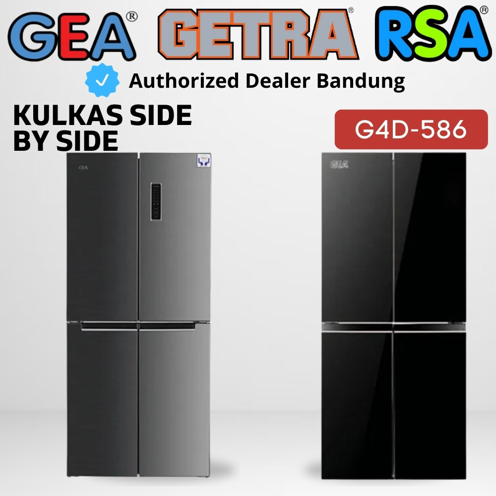Kulkas Side By Side GEA G4D-586 Inverter Inox Black Glass G4D 586 Liter 4 Pintu Garansi Resmi