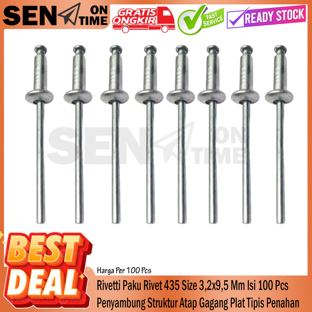 

Rivetti Paku Rivet 435 Size 3,2x9,5 Mm Isi 100 Pcs Penyambung Struktur Atap Gagang Plat Tipis Penahan Beban Keling Baja Ringan Pengikat Penguat Material Alat Hollow Alumunium Spandek Kuat Tahan Lama Ripet Besi ADL Sekrup Blind Tembak Sambung