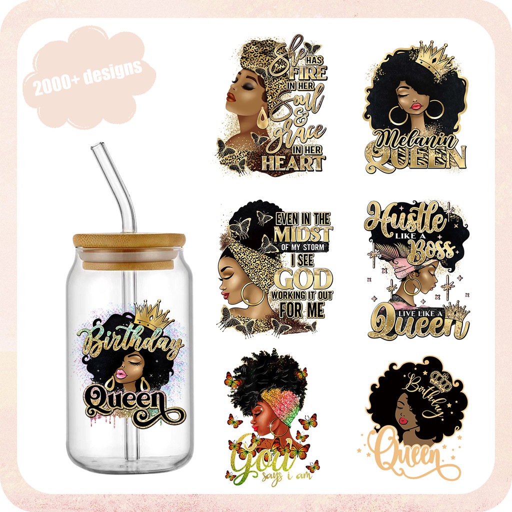 

3D UV DTF Wraps Transfer Sticker for 16oz Libbey Glass Cup DIY Waterproof Black Queen Decals For Coffee Cup Beer Glasses Mug