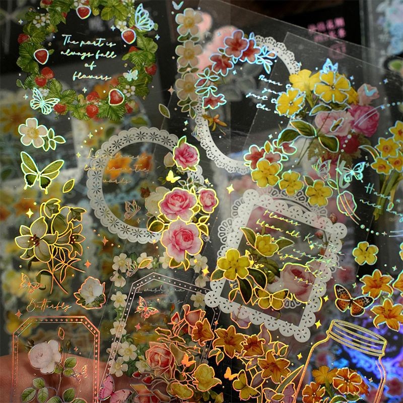 

PET Bronzing Sticker Waiting for Flowering Series Vintage Plants Hand Account Decorative Materials 3 Pieces Student Stationery