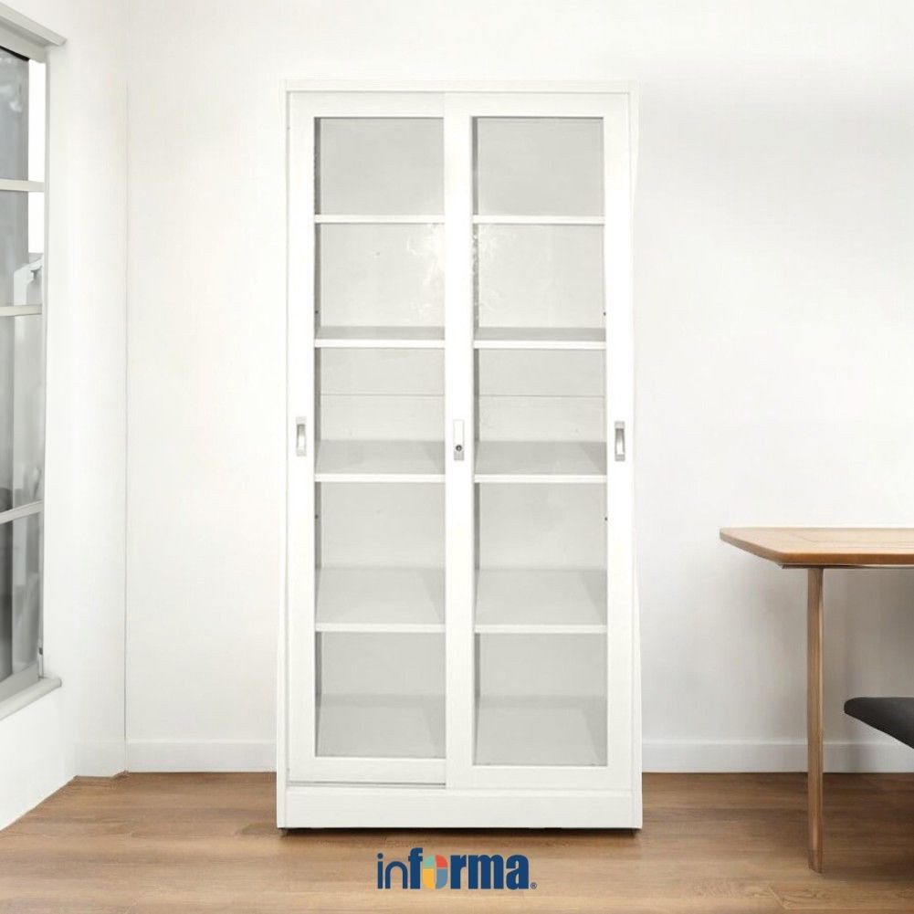 Informa Lemari Arsip Kantor Metal Pintu Kaca Geser High - Putih File Cabinet Lemari Besi Kabinet Tem
