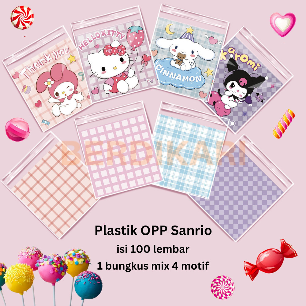 

Berdikari Isi 100 Pcs Plastik OPP Sanrio Kuromi Kitty Melody Cinnamoroll Ukuran 10x10 cm Plastik Kue Kering Biskuit Nastar Cookies Plastik kue Permen Snack Karakter Kantong OPP Kemasan Kue Biskuit Cookies 10cm