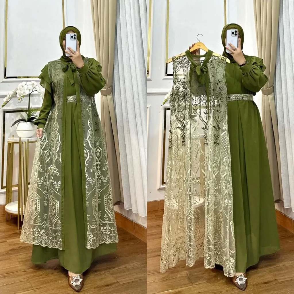 sabeen | DRESS BRUKAT NASHITA DRESS GAMIS PESTA MEWAH CERUTY MIX BRUKAT DRESS GAMIS PESTA WARNA GREE