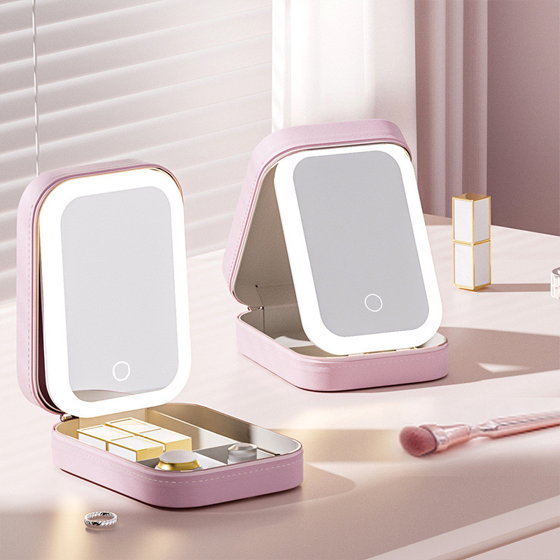 Portable LED Makeup Mirror with Light Makeup Jewelry Box Foldable Travel Storage Box Makeup Table Li