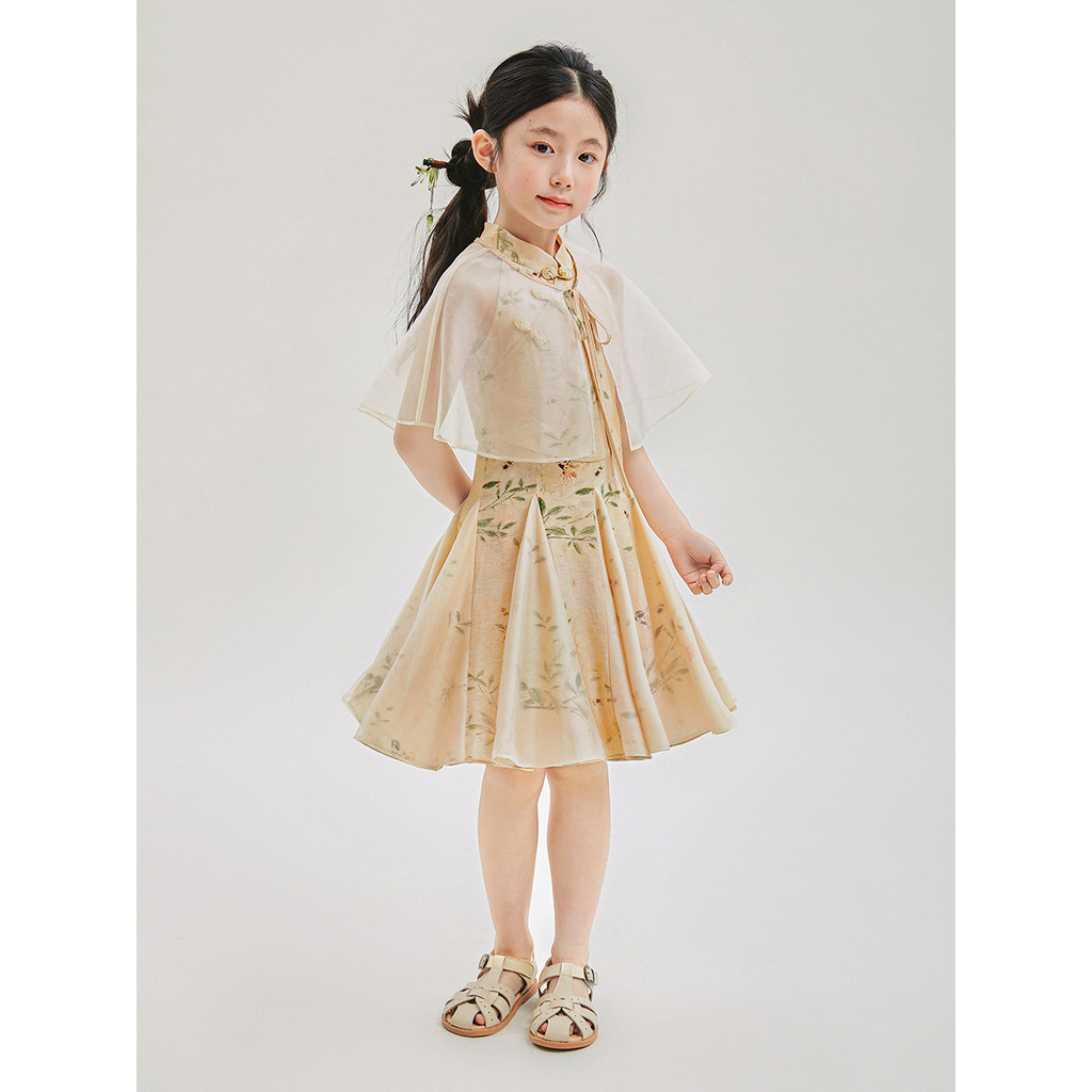 ( DRE982 ) Baju imlek dress halter neck cheongsam anak perempuan - polyester - flower - gold golden