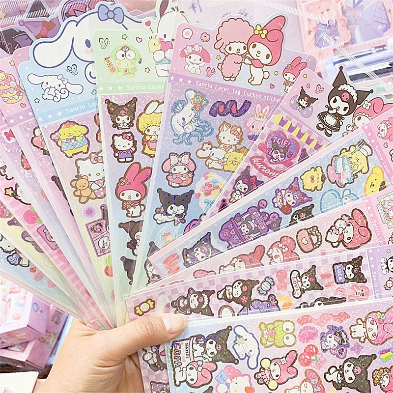 

20Sheets Sanrio Sticker Cartoon Hello Kitty Cinnamoroll Kuromi My Melody Laser Sticker Decals Stationery Wholesale Kids Toys