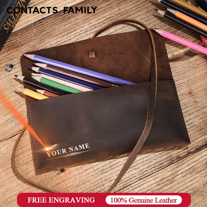 

Retro Crazy Horse Leather Pencil Roll Up Cases Pen Bag Pouch Student Adult Pencil Holder Office High School Supplies Stationery