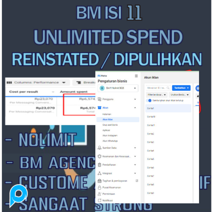Jual Murah Akun BM ISI 11 Ad Account Facebook Business Manager Spend/Spent Limit Harian UNLIMITED/TAK TERBATAS PER HARI REINSTATED DIPULIHKAN LEBIH STRONG/KUAT