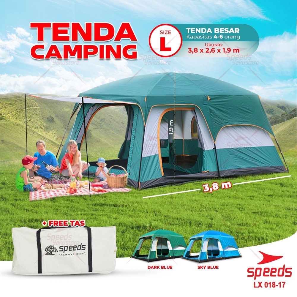 SPEEDS Tenda Kemping Kemah Besar 4-6 Orang Double Layer Dua Lapisan Outdoor Tenda Camping Lebar 018-