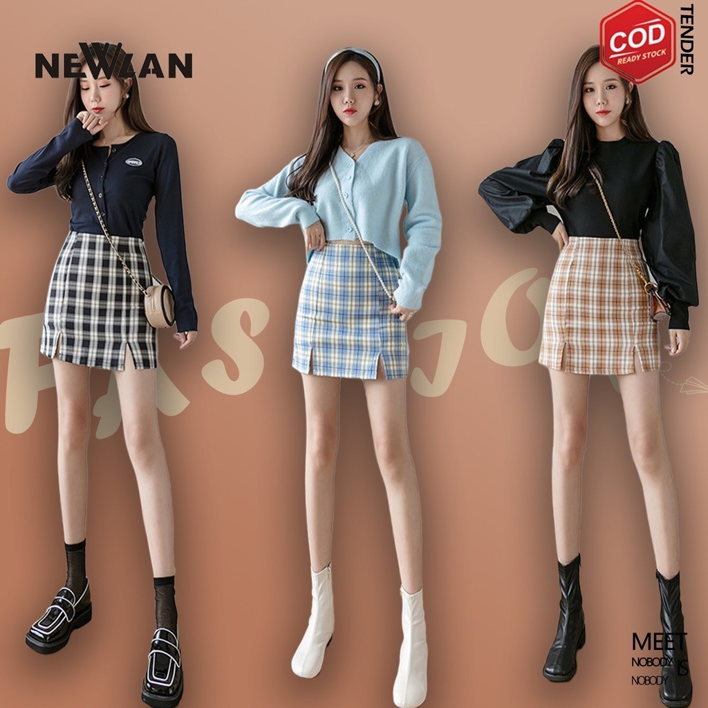COD- Dq001 Rok Kotak Kotak Span Pendek Mini Skirt Korea