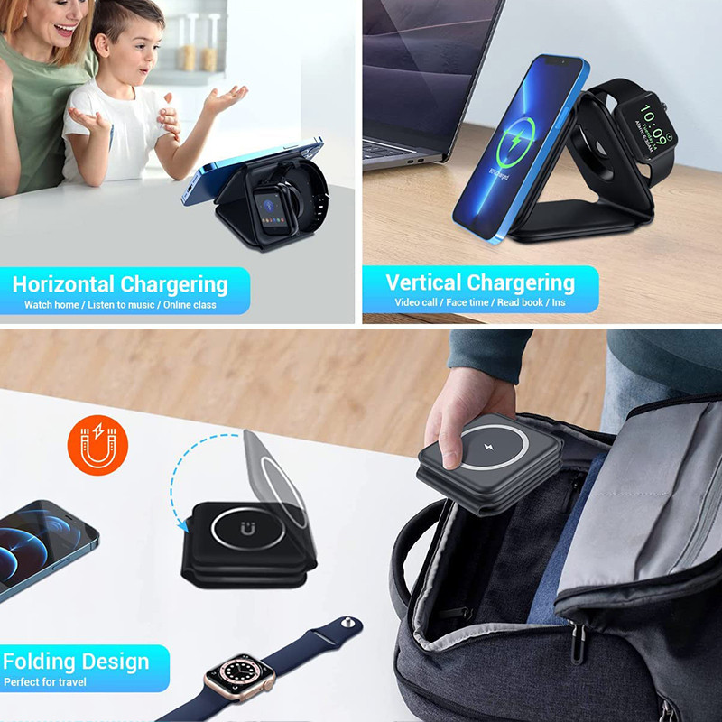 RJ1 3 in 1 Magnetic Wireless Charger Pad Fast Wireless Charging Dock Station Foldable Portable