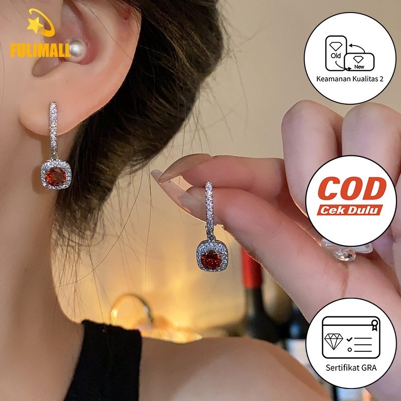 FULIMALL Anting-Anting Anti Alergi Wanita Earrings Merah Delima Moissanite Persegi Stok