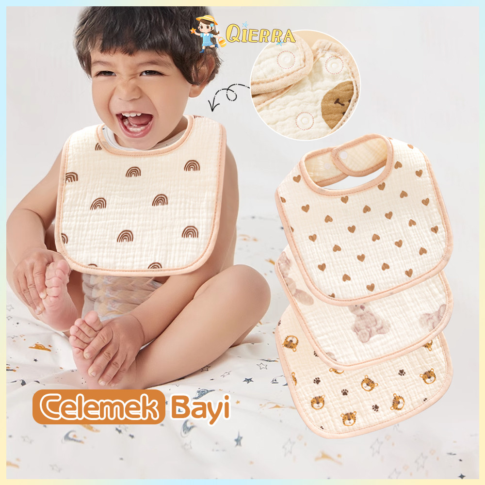 Qierra Celemek Makan Bayi Premium Bib Slabber Bayi Bahan Katun Lembut Berbentuk U