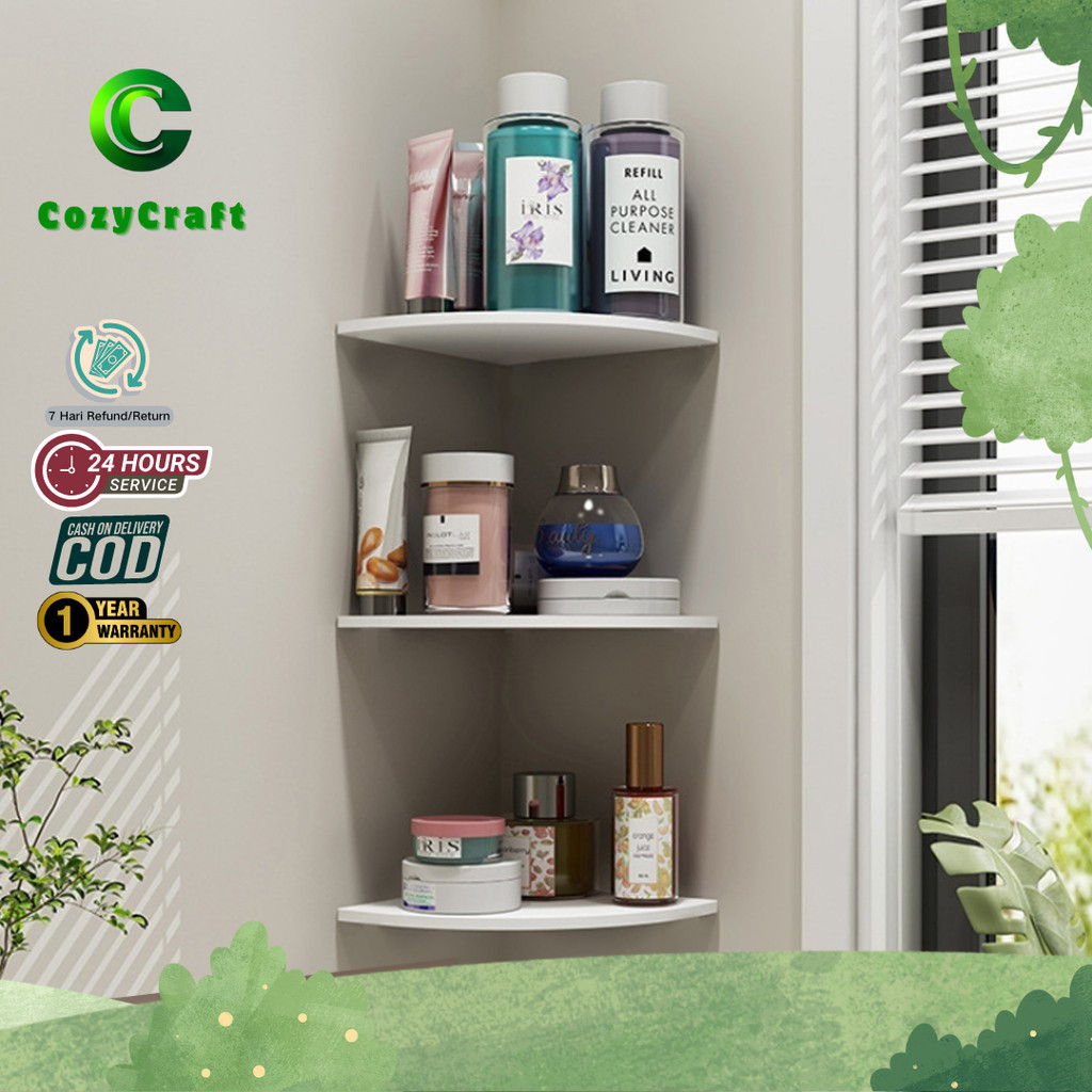 CozyCraft - Rak Sudut Dinding Kamar 3 Susun Rak Buku Rak Kosmetik Dekorasi Rumah Kontrakan Apartmen 