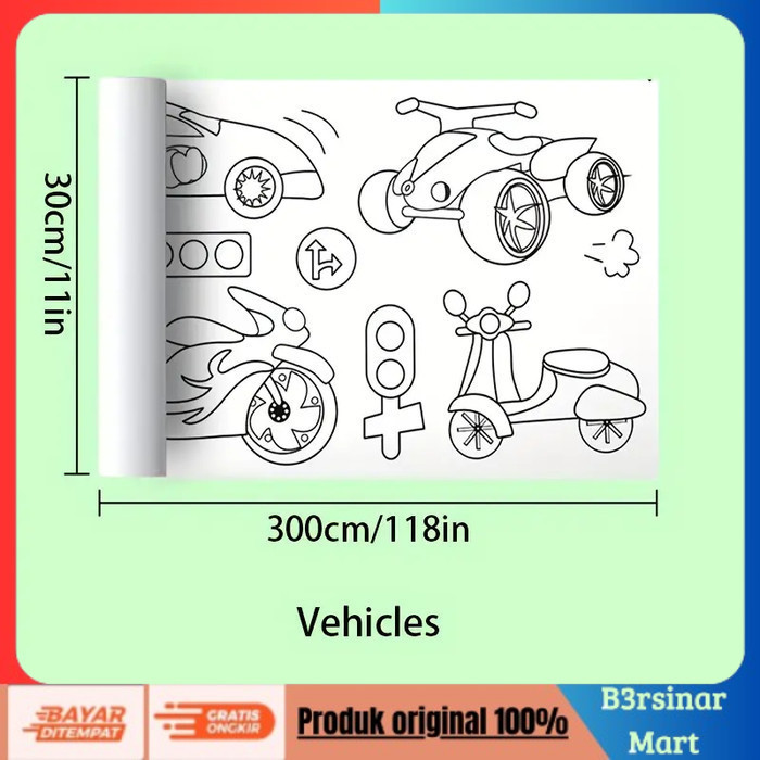 

[KUALITAS TERBAIK] Kiddos Kertas Mewarnai Tempel Dinding Drawing Paper Roll 3 meter - Vehicles