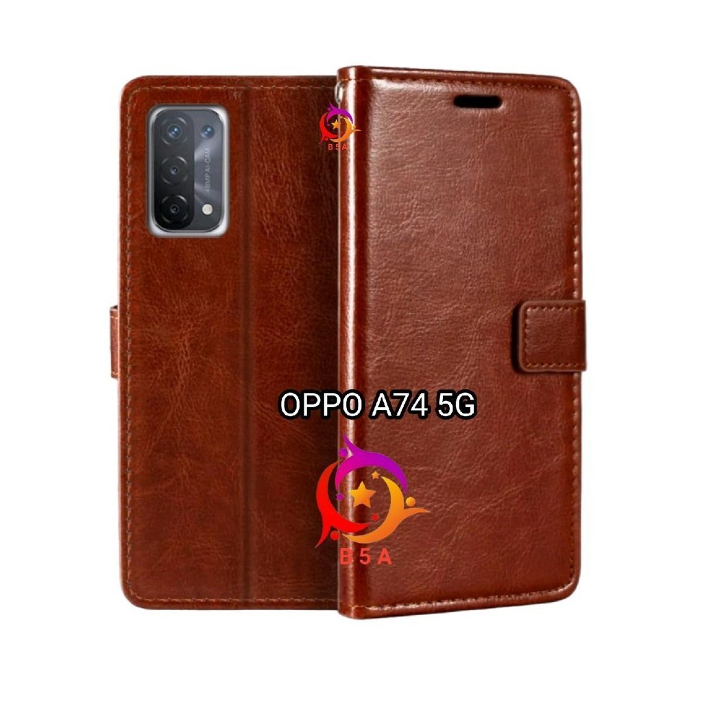 OPPO A74 5G Flip Cover Wallet Leather Casing Dompet Kulit ( Case Untuk A74 5G ) Slot Card Warna Hita