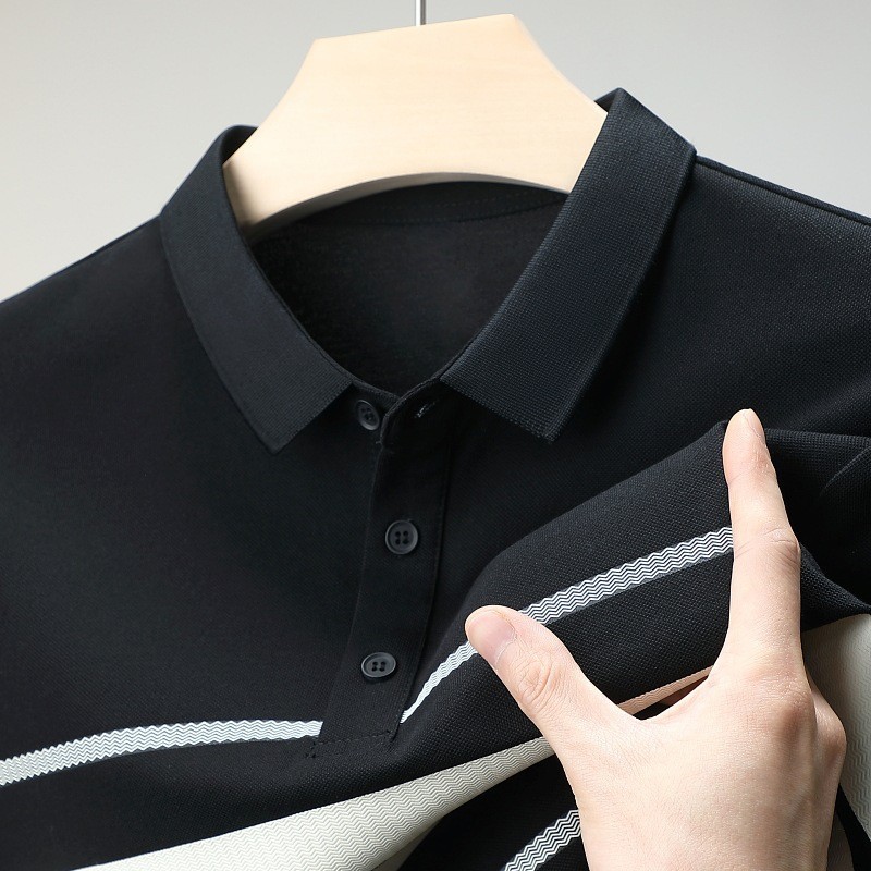 Kaos Kerah Pria Basic Shirt Polo Kemeja T-Shirt Lengan Pendek Bergaris-Garis Busana Tambal Sulam