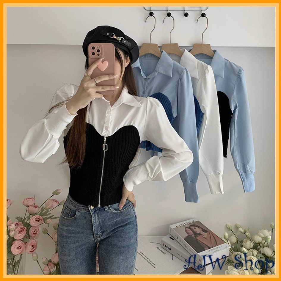 AJW Blouse Knit Kombi Katun Polos Kemeja Kerah Crop Top Lengan Panjang XCP | Kemeja Crop Top Cotton 