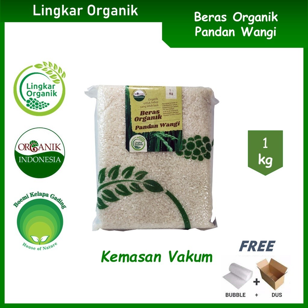 

Lingkar Organik Beras Putih Pandan Wangi Organik Non GMO 1 kg Kemasan Vakum