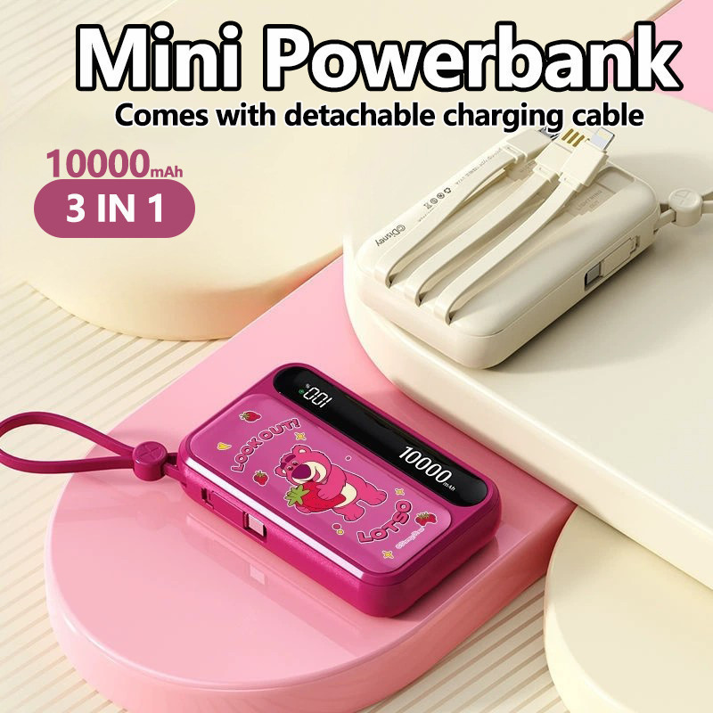 COD | 【Power Bank 10000mAh】3 Port Charger Bawaan, Cocok untuk HP Android & iPhone Kapasitas Besar & 