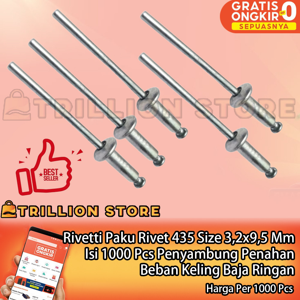 Rivetti Paku Rivet 435 Size 3,2x9,5 Mm Isi 1000 Pcs Penyambung Penahan Penguat Material Alat Kuat Ta