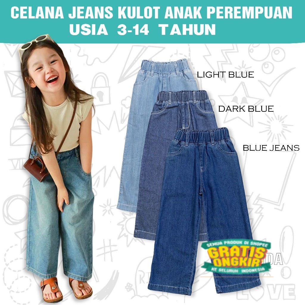 Celana Panjang JEANS KULOT LOOSE Jeans Denim high waist anak perempuan BASIC Usia 3 - 14 Tahun/ sage