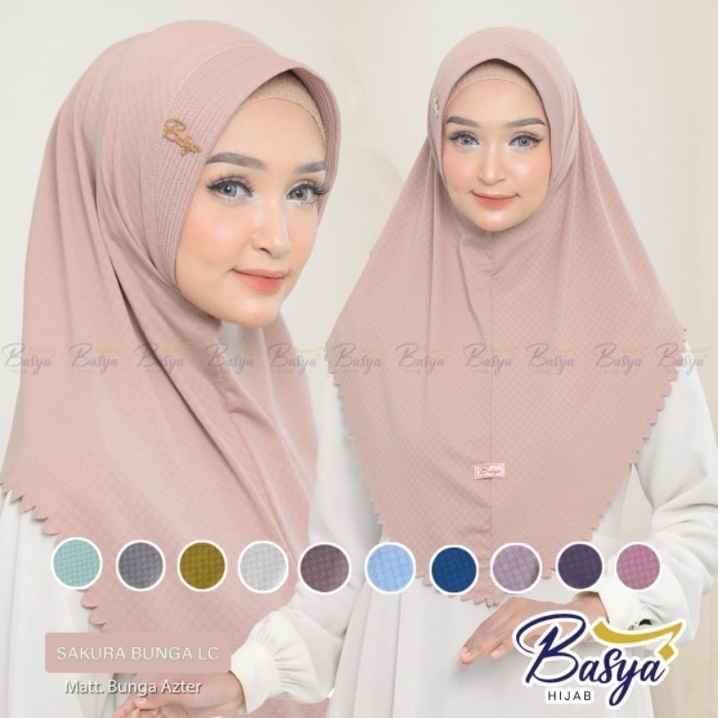 (BASYA) SAKURA PAD LC BUNGA•jilbab instan pet motif•kerudung bergo instan•hijab instan motif jersey 