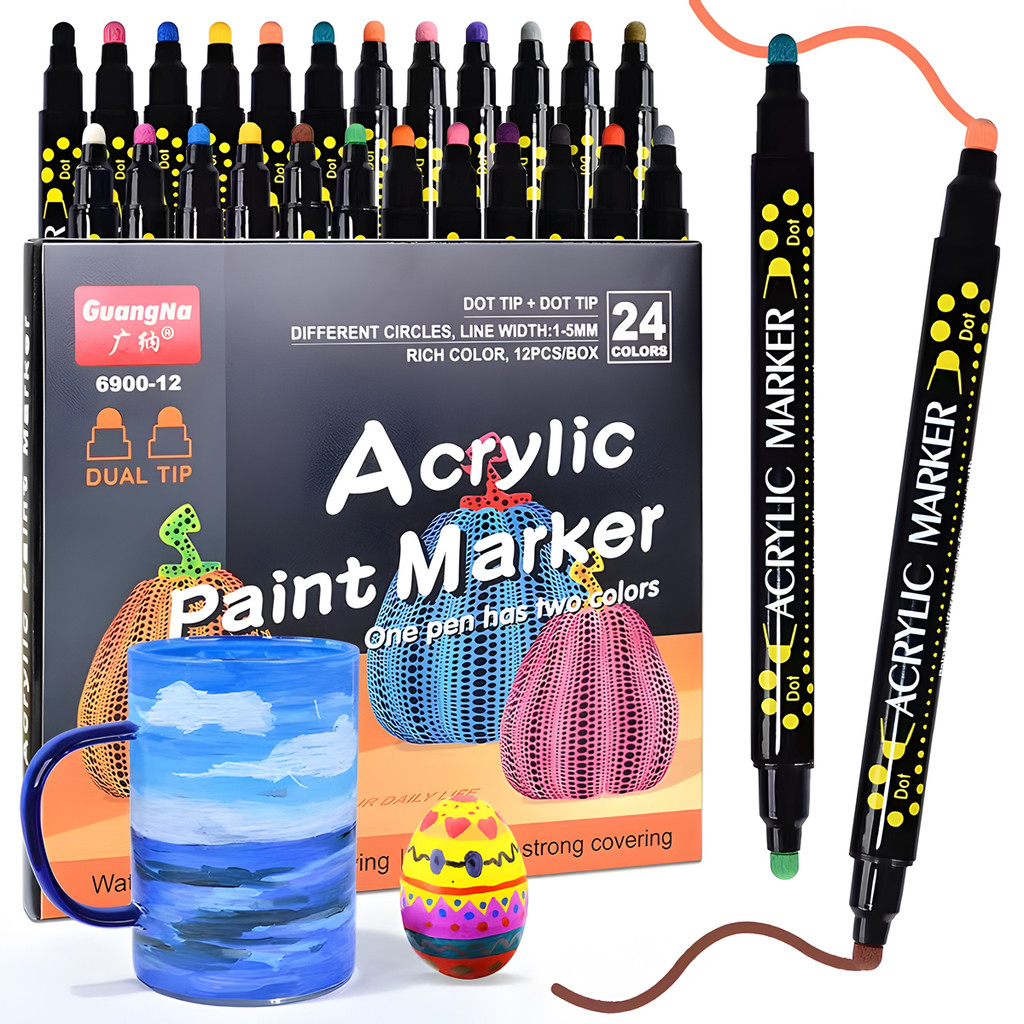 

24 Colors Dual Tip Dual colors Dot Acrylic Paint Pens Markers for Wood Canvas Rock Painting Glass Ceramic Making Art Supplies