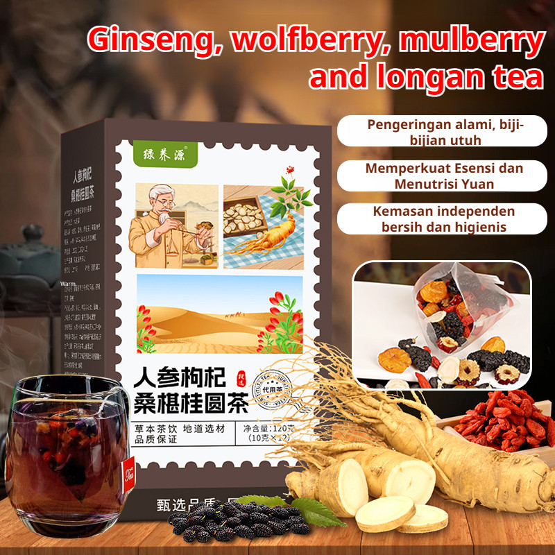 

️Wajib Miliki untuk Kesehatan (12 bungkus x 10g)Teh Ginseng, Cili Merah, Mulberry, dan Longan / Meningkatkan Energi / Resep Tradisional / Kemasan Individual / Cocok untuk yang Sering Begadang/Wolfberry Mulberry Tea Bags Yuan Qi Nourishing Tea