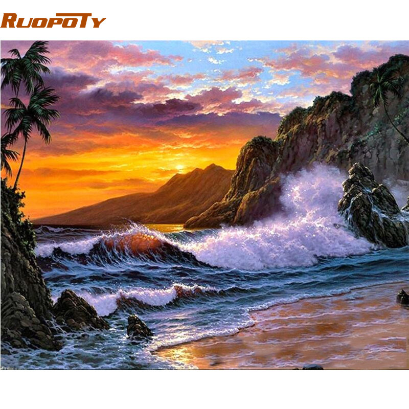 

RUOPOTY Frame Seascape DIY Painting By Numbers Acrylic Paint On Canvas Modern Calligraphy Painting For Home Wall Art Picture Art