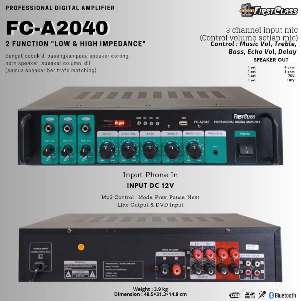 Amplifier Toa masjid First Class 2040 FC A2040 | Amplifier Masjid Mushola 3 Channel