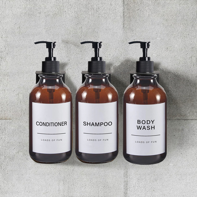 

1/2/3 Pack 500ml Soap Dispenser With Labels Refillable Shower Gel Shampoo Bottle Tray Liquid Container Wall Mounted Hanger Rack