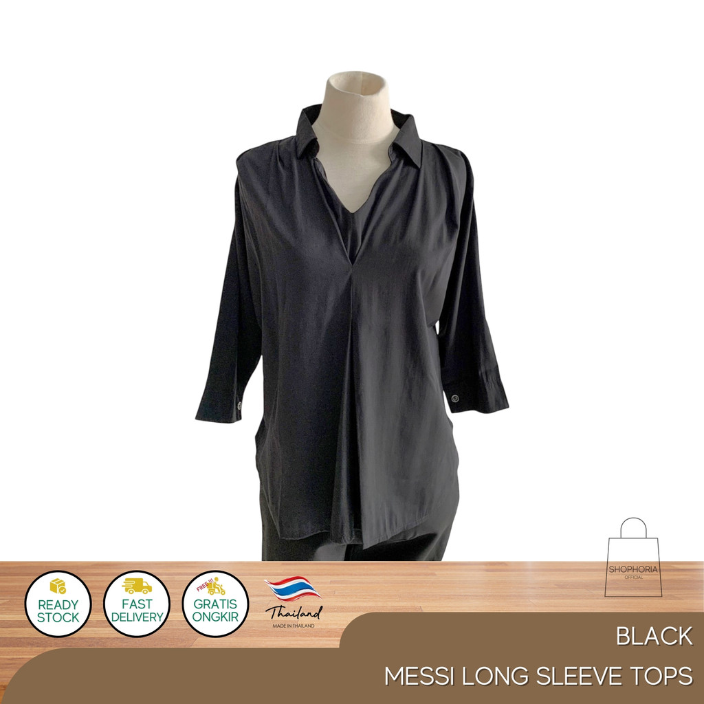 Baju Pakaian Kaos Atasan Wanita Lengan Panjang Impor Thailand Messi Tops Black