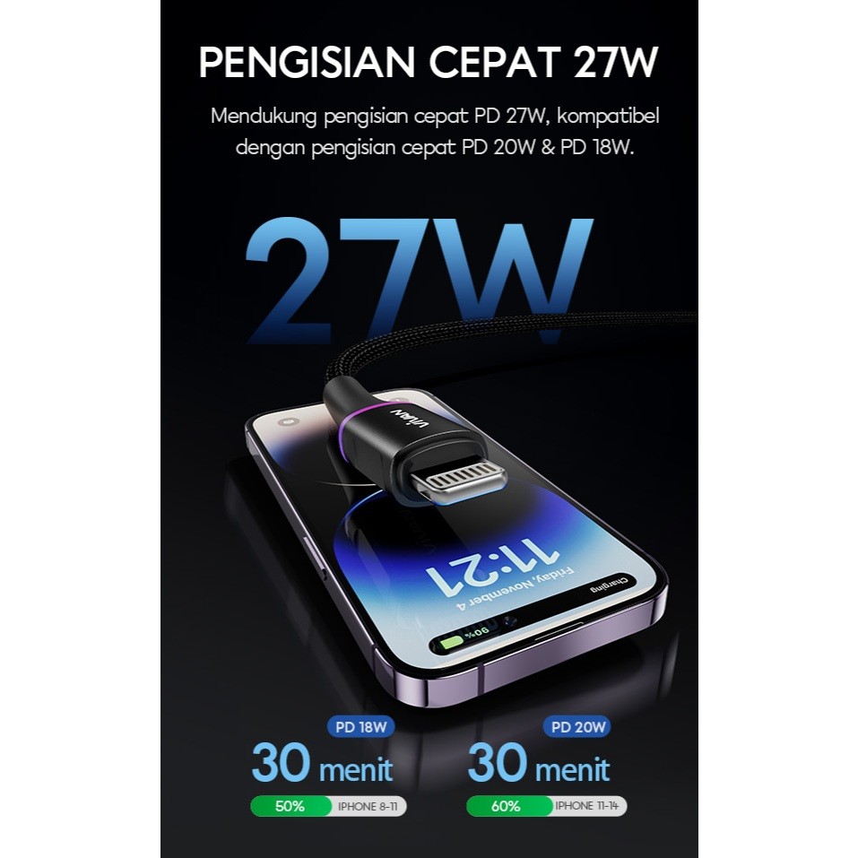 VIVAN Kabel Charger Type C to Lightning 27W Data iPhone 3A for 14 13 pro Max 13 12 11 XS XR X 8 7 Pl