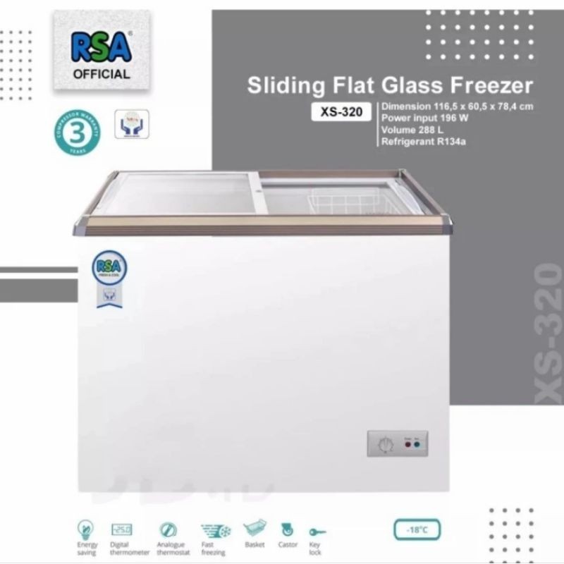 Box Freezer / Chest Freezer Sliding Flat Glass RSA 288Liter XS-320 / XS320 (Box Freezer Kaca)